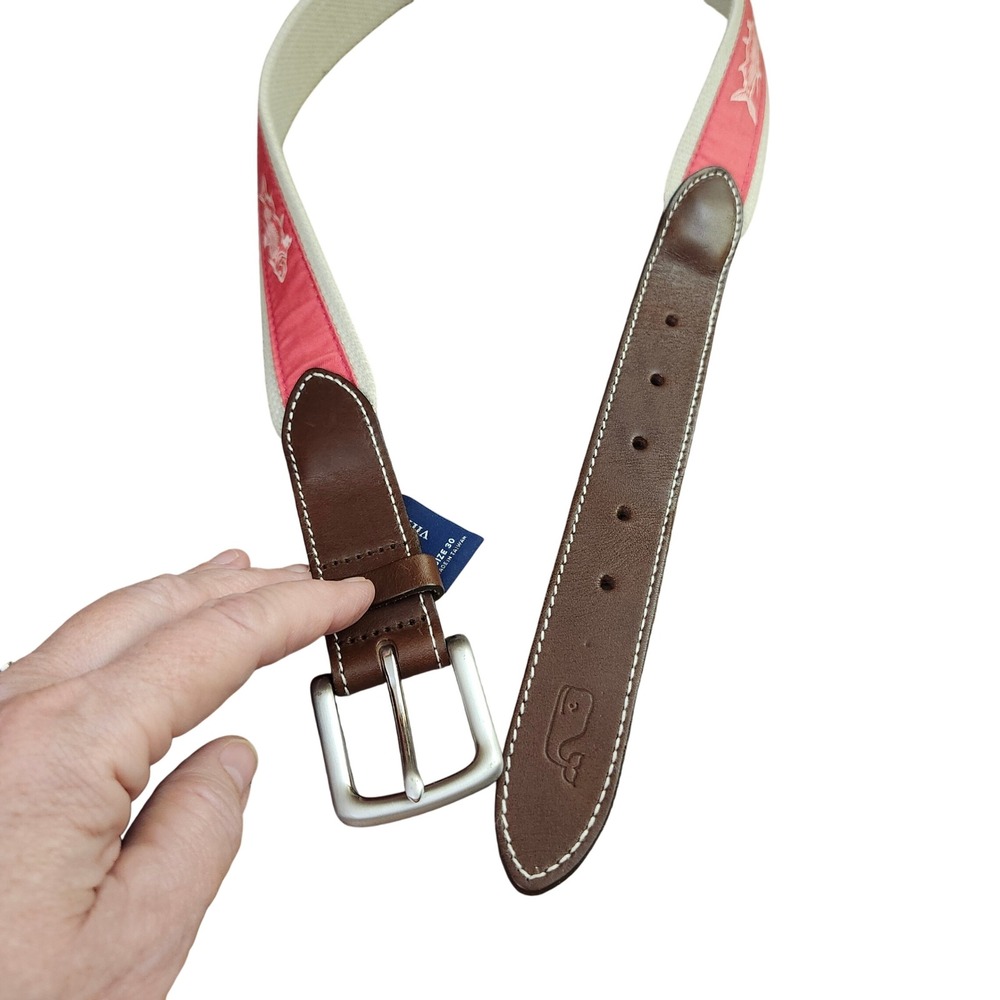 Vineyard Vines Mens Canvas Club Belt Pink Silk Fish Tarpon Leather Trim Size 30